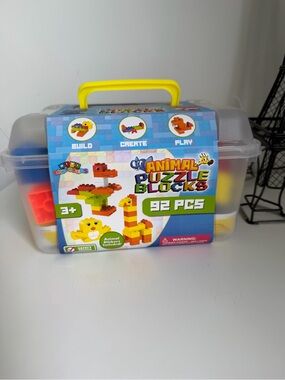 Animal Puzzle Blocks Building Set - Yellow Carry Case, 92 pcs